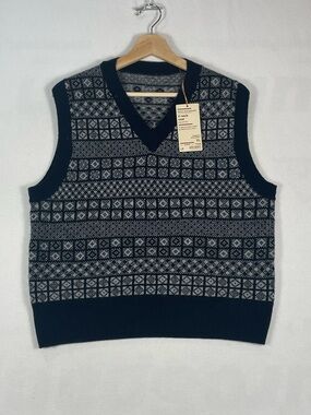 MUJI V Neck Merino Wool Jacquard Vest WOMENS BNWT Navy Sz XL